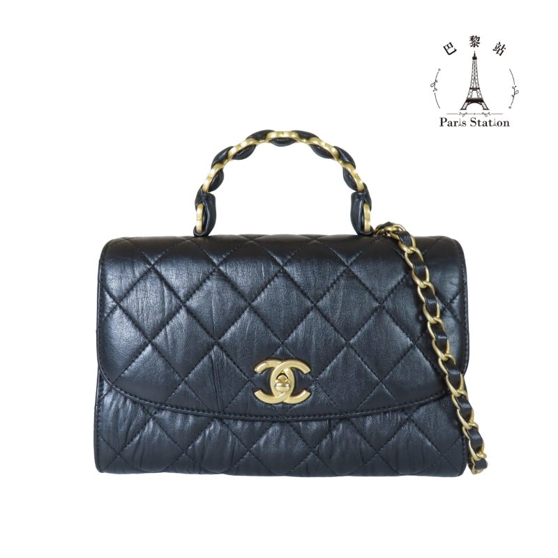 【巴黎站二手名牌專賣店】＊現貨＊CHANEL 香奈兒 真品＊黑色菱格紋皺褶小羊皮金色雙C手提把皮穿鏈肩背包-0