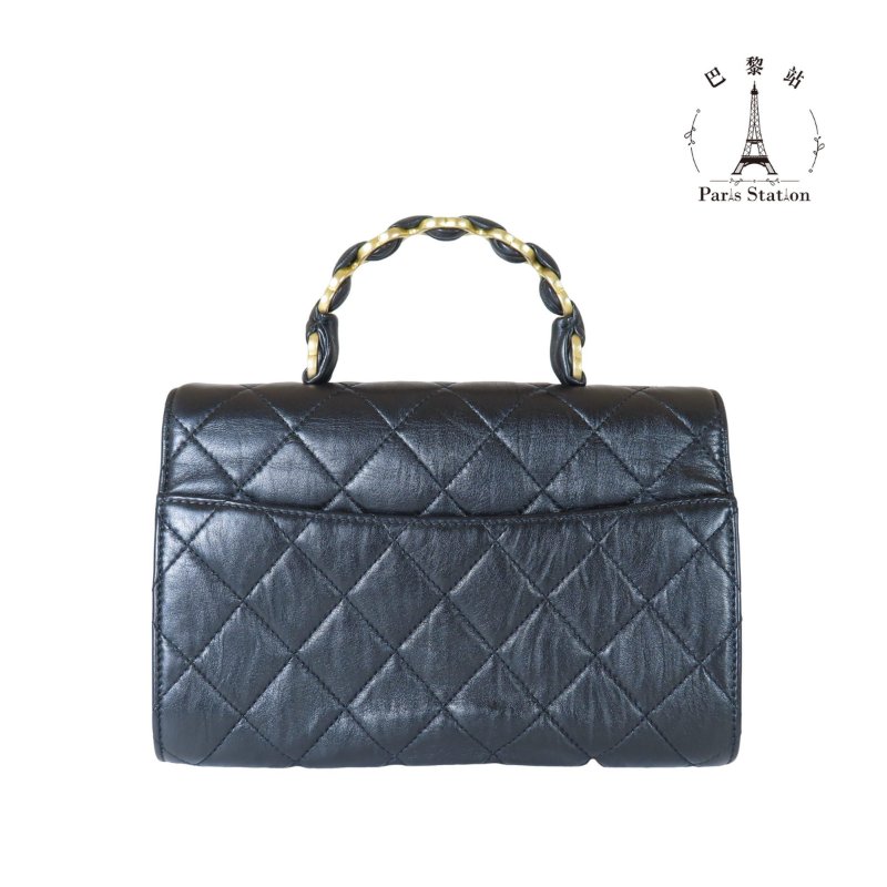 【巴黎站二手名牌專賣店】＊現貨＊CHANEL 香奈兒 真品＊黑色菱格紋皺褶小羊皮金色雙C手提把皮穿鏈肩背包-1
