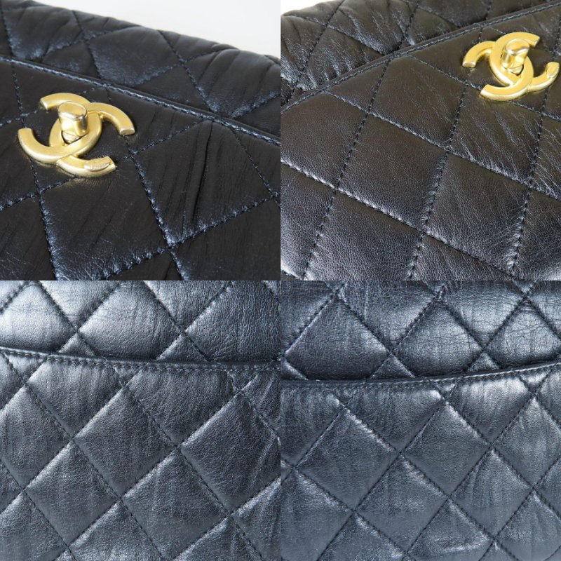 【巴黎站二手名牌專賣店】＊現貨＊CHANEL 香奈兒 真品＊黑色菱格紋皺褶小羊皮金色雙C手提把皮穿鏈肩背包-5