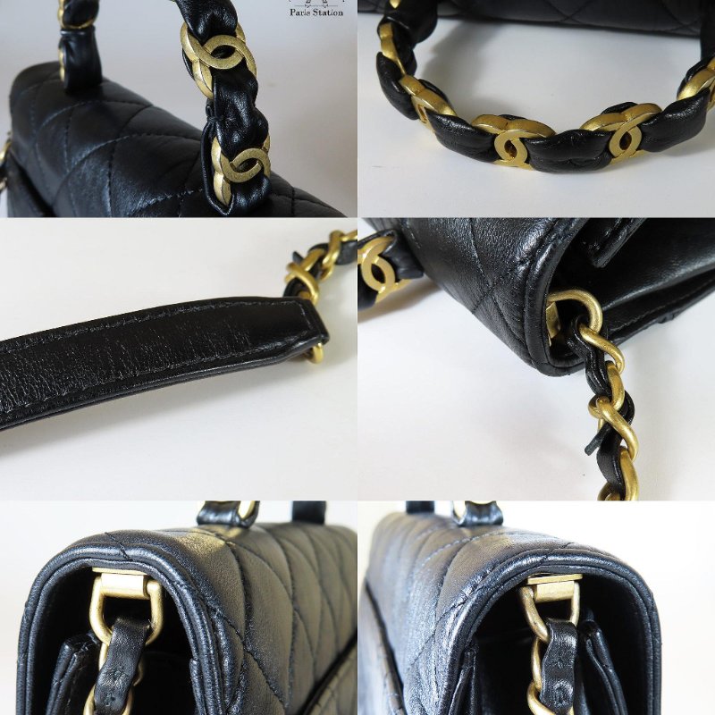 【巴黎站二手名牌專賣店】＊現貨＊CHANEL 香奈兒 真品＊黑色菱格紋皺褶小羊皮金色雙C手提把皮穿鏈肩背包-6