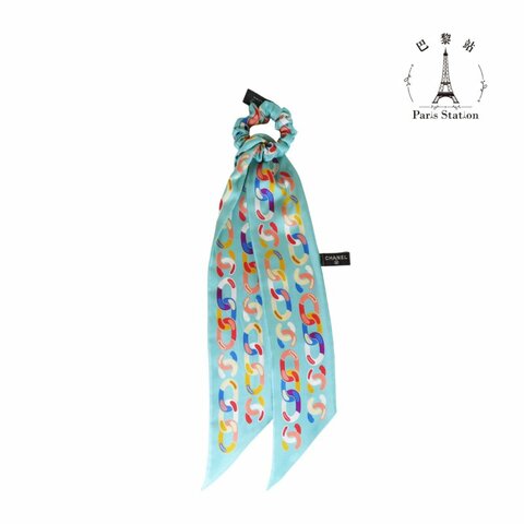 【巴黎站二手名牌專賣店】＊現貨＊CHANEL 香奈兒 真品＊淺藍色經典鍊條印花髮飾絲巾組