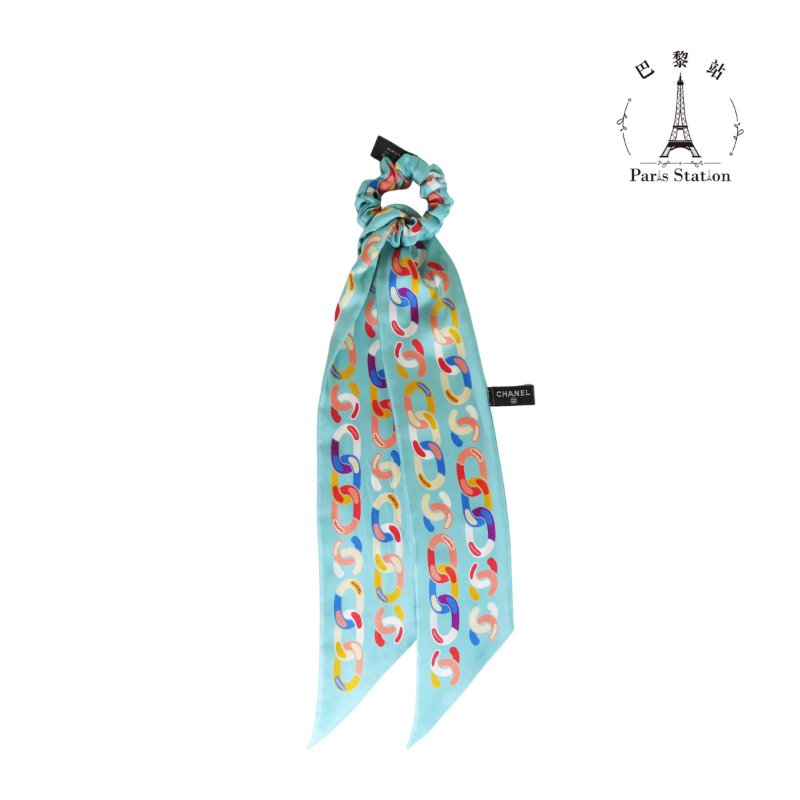 【巴黎站二手名牌專賣店】*現貨*CHANEL 香奈兒 真品*淺藍色經典鍊條印花髮飾絲巾組-0