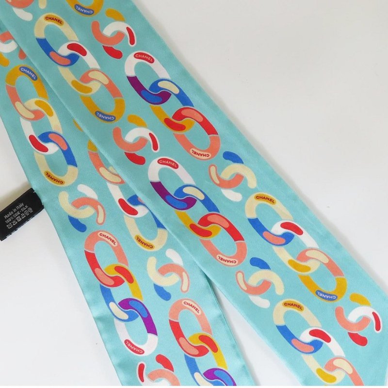 【巴黎站二手名牌專賣店】*現貨*CHANEL 香奈兒 真品*淺藍色經典鍊條印花髮飾絲巾組-1