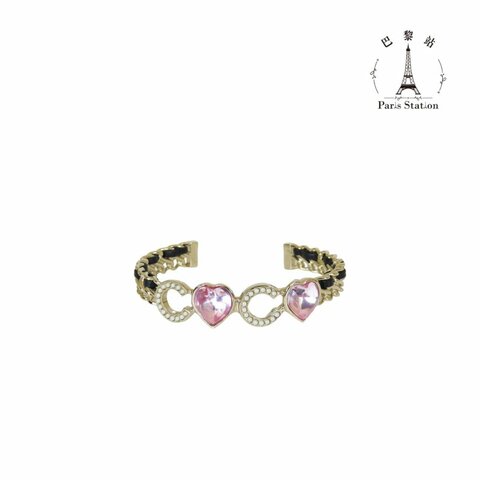 【巴黎站二手名牌專賣店】＊現貨＊CHANEL 香奈兒 真品＊粉色愛心水晶珍珠CC皮穿鏈淡金手環 手鐲