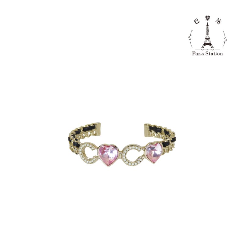 【巴黎站二手名牌專賣店】＊現貨＊CHANEL 香奈兒 真品＊粉色愛心水晶珍珠CC皮穿鏈淡金手環 手鐲-0