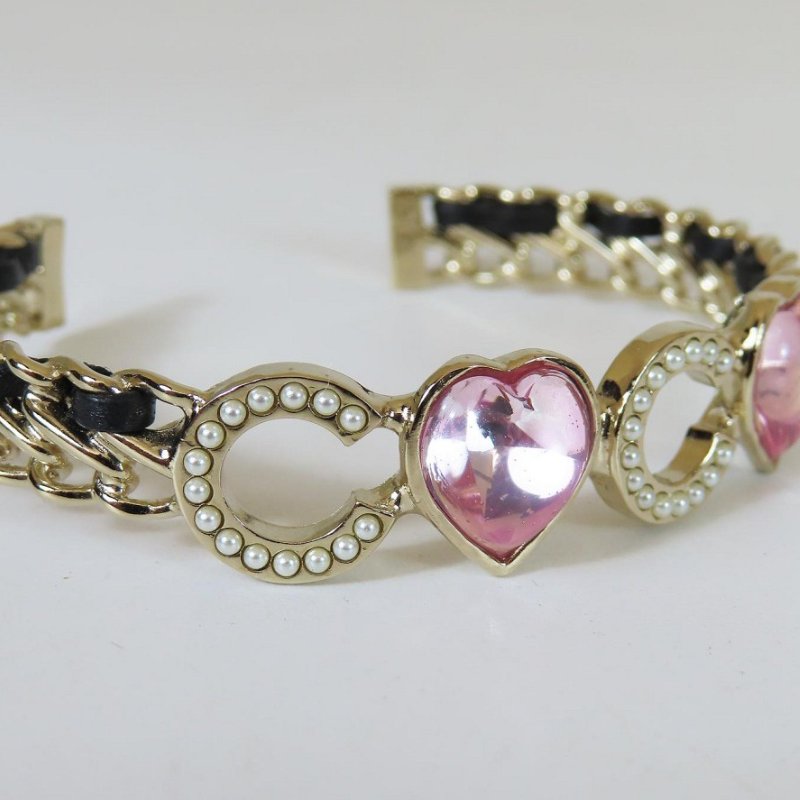【巴黎站二手名牌專賣店】＊現貨＊CHANEL 香奈兒 真品＊粉色愛心水晶珍珠CC皮穿鏈淡金手環 手鐲-4