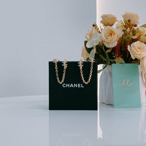 MS0392 Chanel 香奈兒 掛耳式 耳環 水鑽 金色 垂吊 CC Logo Circle Earrings With Ear Cuffs Crystal x GHW