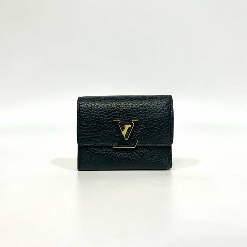 LV黑色牛皮拚桃粉內裡金釦Capucines XS三折短夾M68587