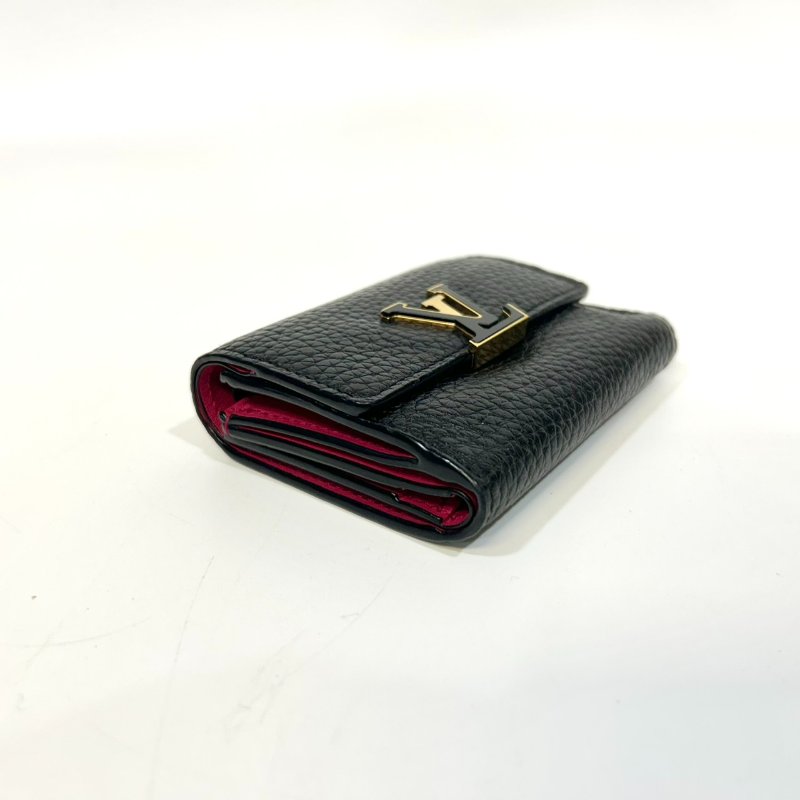 LV黑色牛皮拚桃粉內裡金釦Capucines XS三折短夾M68587-5