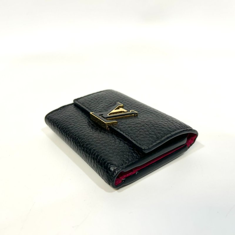 LV黑色牛皮拚桃粉內裡金釦Capucines XS三折短夾M68587-6
