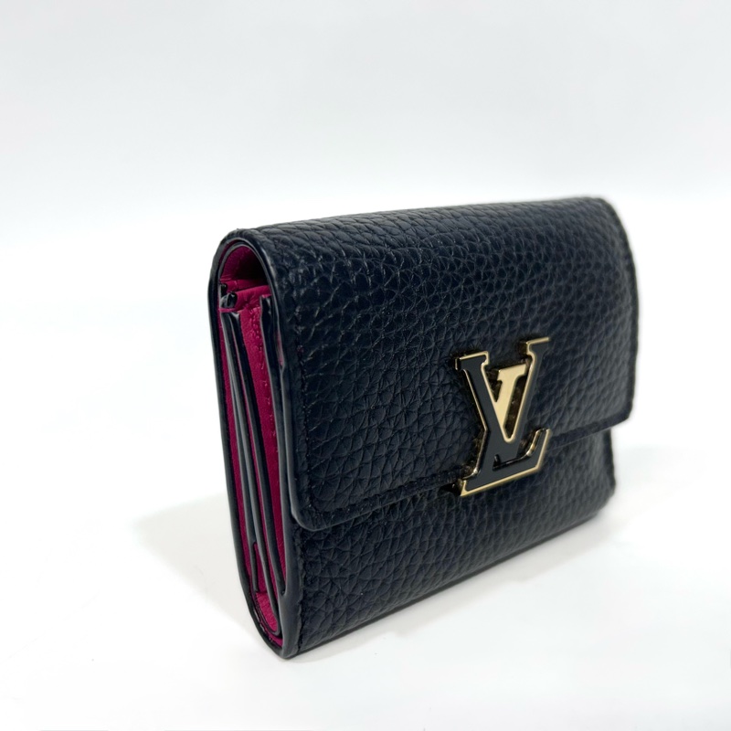 LV黑色牛皮拚桃粉內裡金釦Capucines XS三折短夾M68587-4