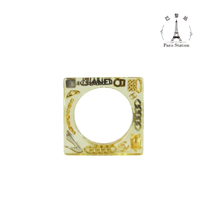 【巴黎站二手名牌專賣店】＊現貨＊CHANEL 香奈兒 真品＊1997復古款壓克力金色銀色五金方形手鐲-0