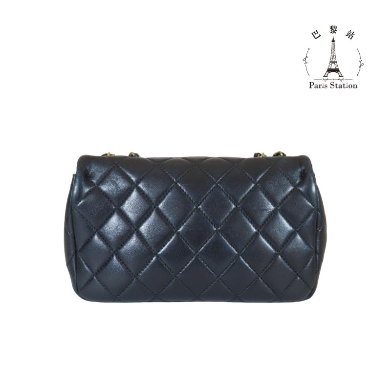 【巴黎站二手名牌專賣店】＊現貨＊CHANEL 香奈兒 真品＊黑色菱格紋羊皮金色雙C 20CM鏈包-1