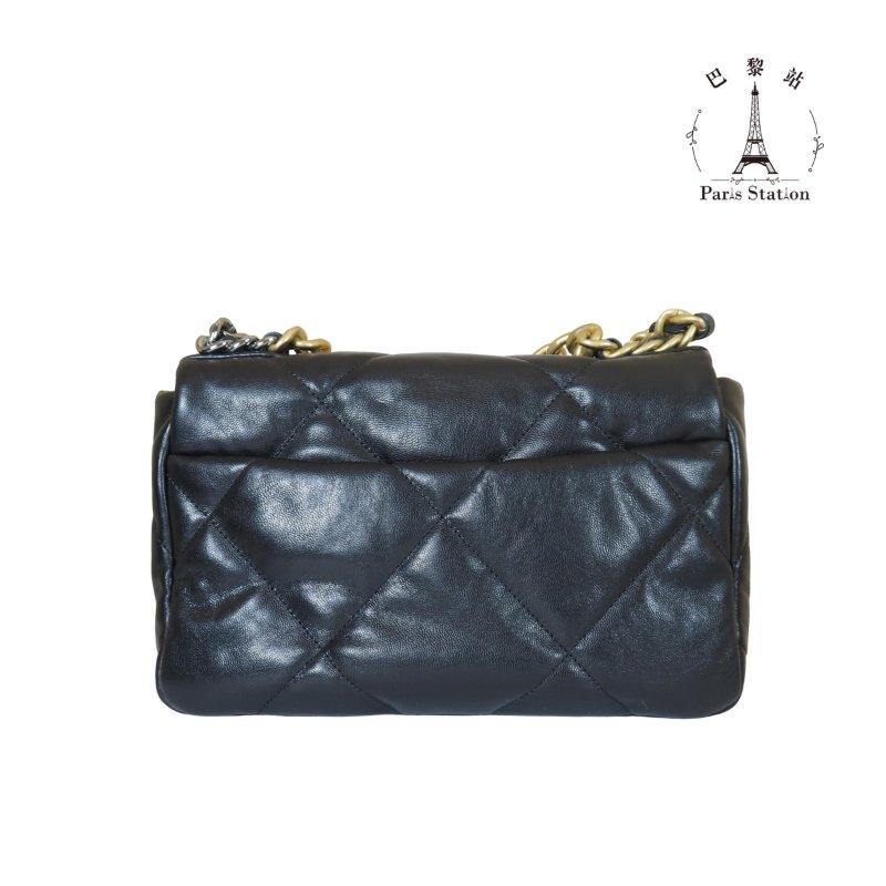 【巴黎站二手名牌專賣店】＊現貨＊CHANEL 香奈兒 真品＊黑色菱格紋皮革19系列金釦26手提斜背包-1