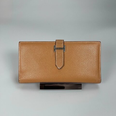 HERMES □K刻 棕色銀扣BEARN三折長夾