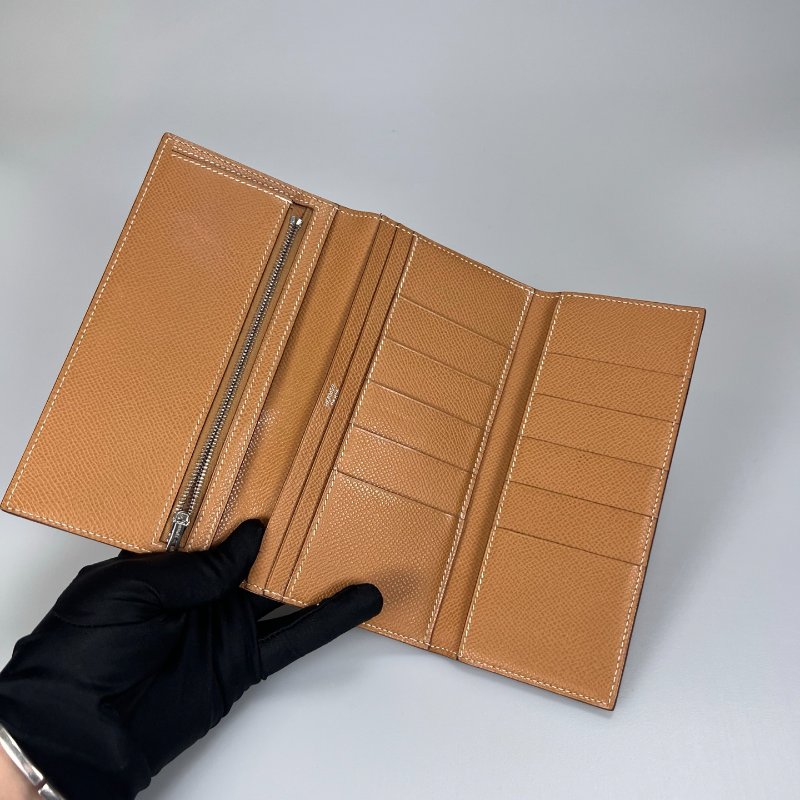 HERMES □K刻 棕色銀扣BEARN三折長夾-4