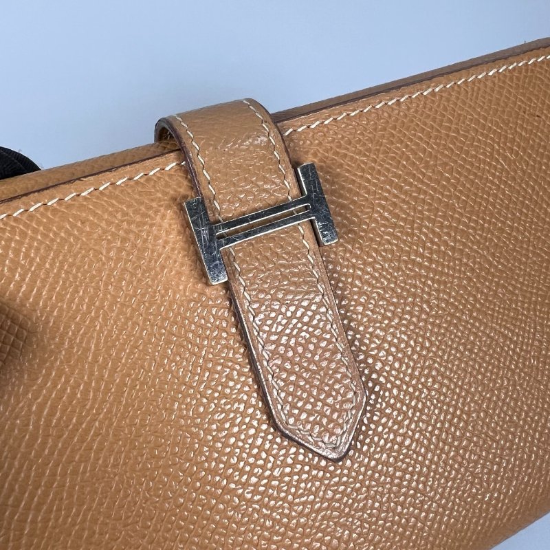 HERMES □K刻 棕色銀扣BEARN三折長夾-8