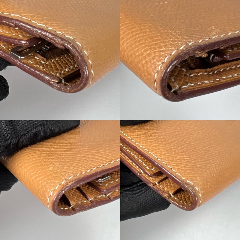 HERMES □K刻 棕色銀扣BEARN三折長夾-11