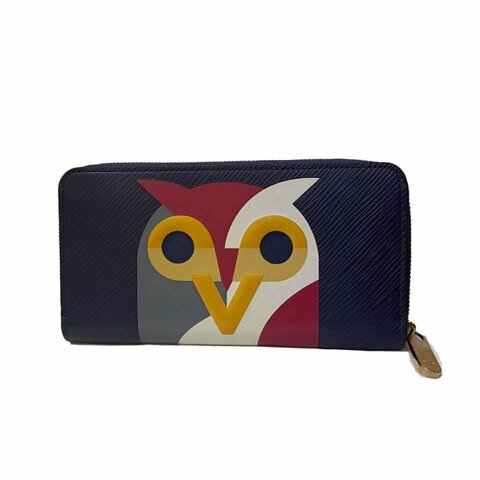 LV藍色EPI拚色貓頭鷹圖案拉鍊長夾