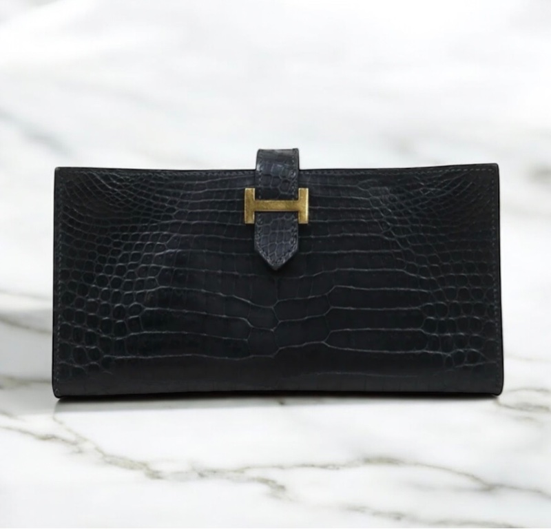「JL精品代購」9新 Hermes 愛馬仕 鱷魚bearn 黑金長夾-0