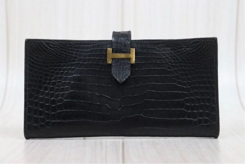 「JL精品代購」9新 Hermes 愛馬仕 鱷魚bearn 黑金長夾-1