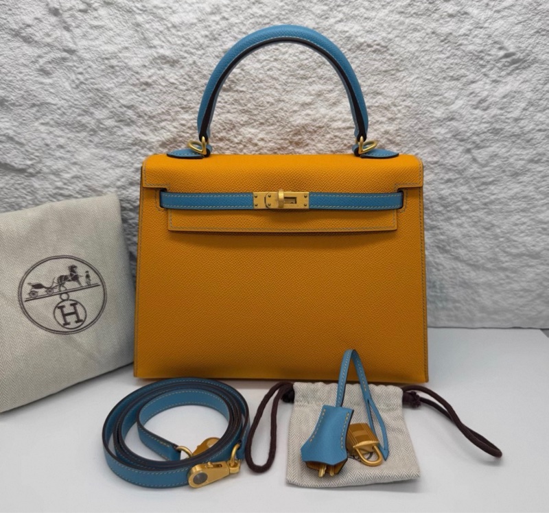 Hermes/愛馬仕 Kelly25 太陽黃拼藍色 拼色 Epsom皮 so定制 金扣 Stamp:Y刻-0