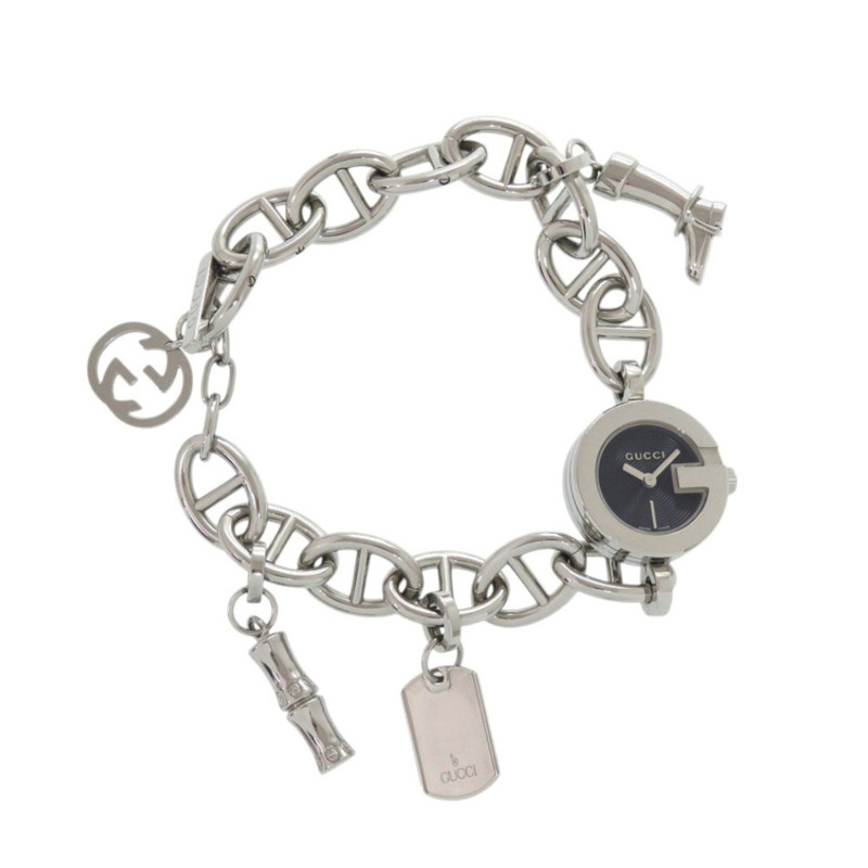 Gucci 鏈手鍊吊墜 107 不鏽鋼黑色銀色錶盤石英錶 1509 GUCCI-4