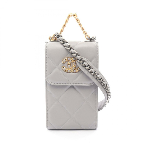 香奈兒 19 Matelasse 手機支架鏈斜背包 皮革 灰色 二手
