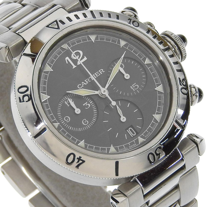 卡地亞 Pasha 男士腕錶，205 型機芯，W3107355，精鋼材質，自動計時碼錶，灰色錶盤，透視底蓋-2