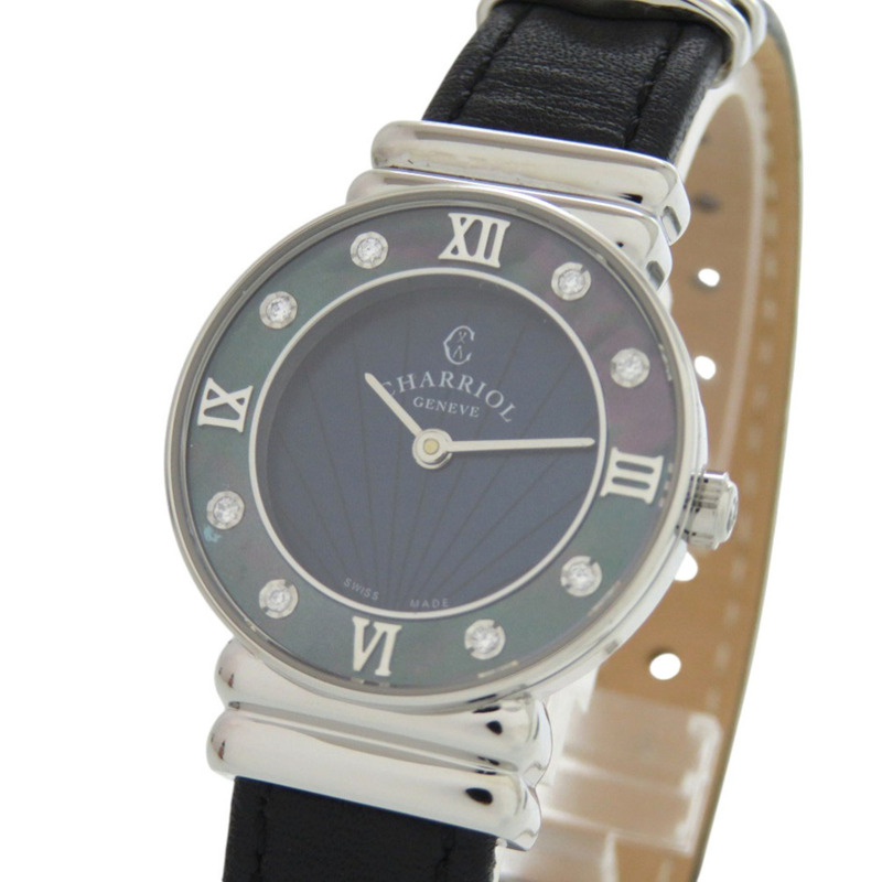 全新未使用 Charriol 028SBD1.361.574 不鏽鋼皮革海軍藍石英腕錶 1432 CHARRIOL-2