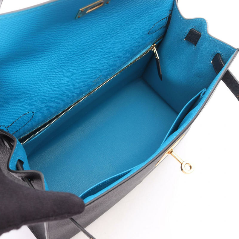 愛馬仕 Kelly 28 Casaque 單肩手提包，Epsom 皮革，黑色/海軍藍，金色五金 U 型-2