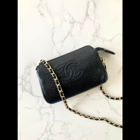 【LA LUNE】中古包Chanel黑色魚子醬皮革斜背包 單肩包 側背包 二手包 古董包