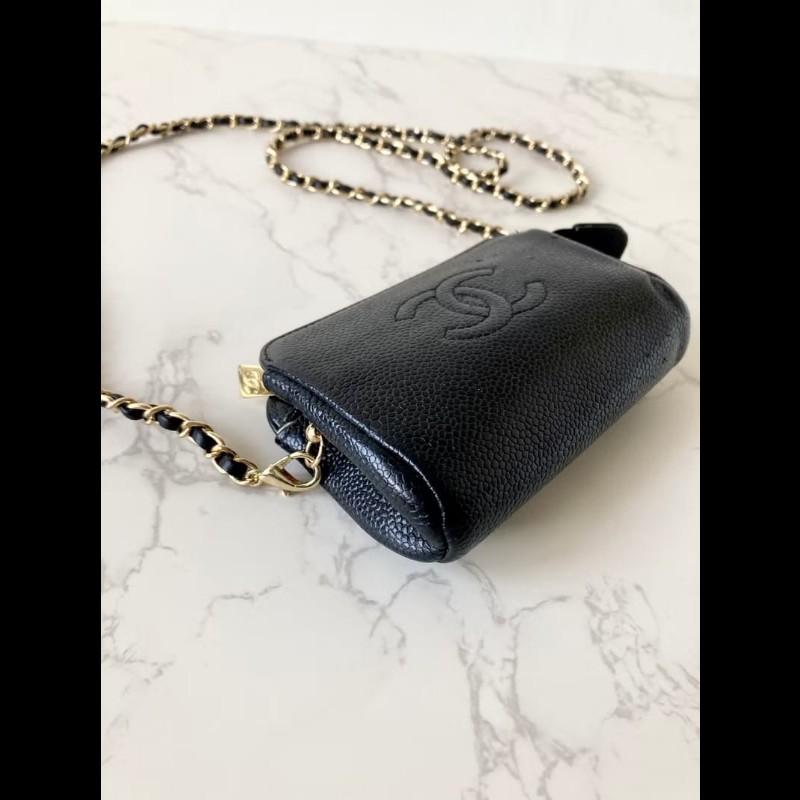 【LA LUNE】中古包Chanel黑色魚子醬皮革斜背包 單肩包 側背包 二手包 古董包-1