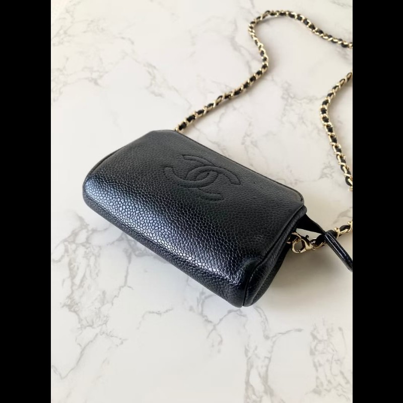 【LA LUNE】中古包Chanel黑色魚子醬皮革斜背包 單肩包 側背包 二手包 古董包-5