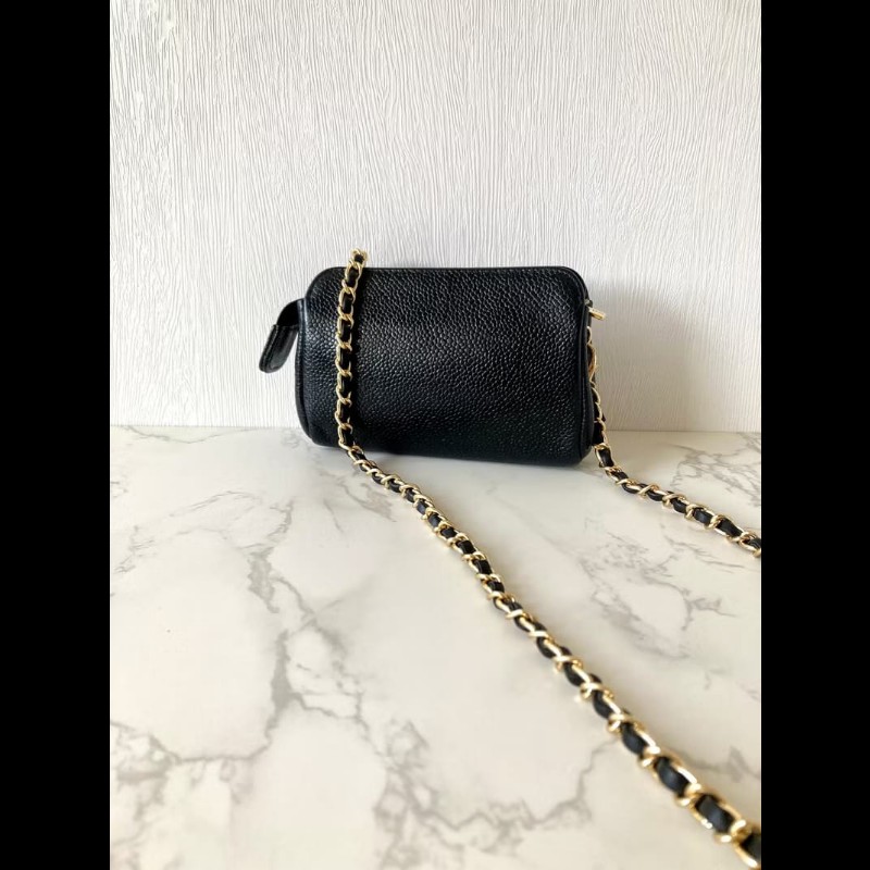 【LA LUNE】中古包Chanel黑色魚子醬皮革斜背包 單肩包 側背包 二手包 古董包-6