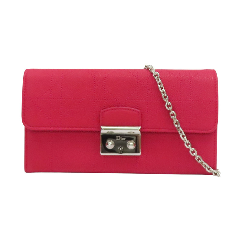 桃紅色 荔枝紋牛皮 鏈帶 PNK 兩折長夾【Dior 迪奧 】-8