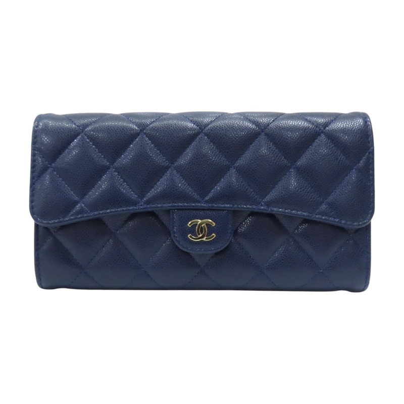 深藍色 荔枝紋牛皮 釦式長夾【CHANEL 香奈兒】 AP0241-0