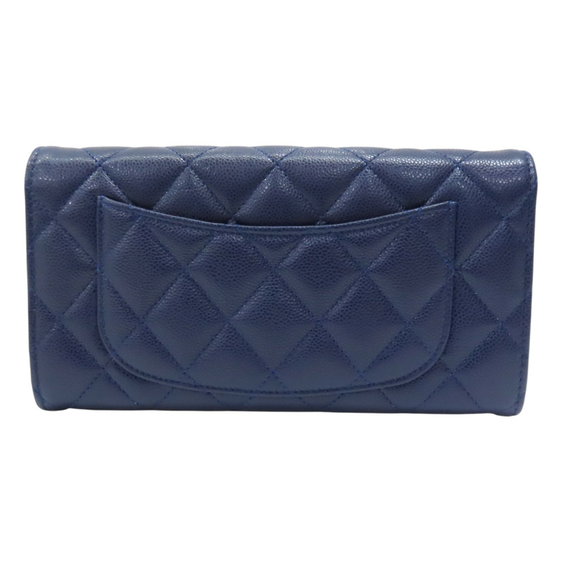 深藍色 荔枝紋牛皮 釦式長夾【CHANEL 香奈兒】 AP0241-1