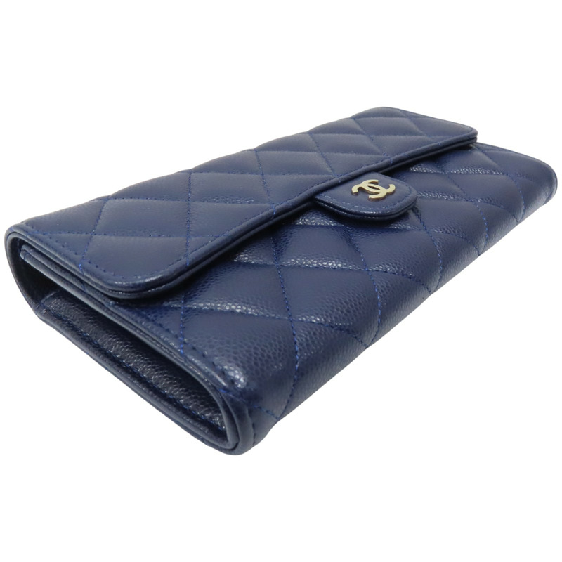 深藍色 荔枝紋牛皮 釦式長夾【CHANEL 香奈兒】 AP0241-2