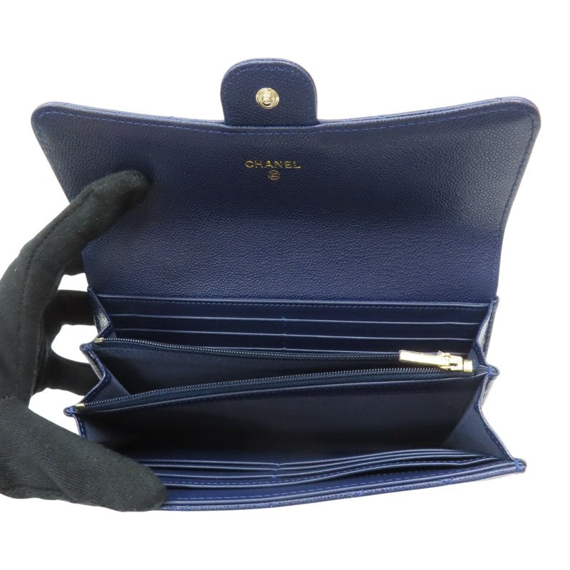 深藍色 荔枝紋牛皮 釦式長夾【CHANEL 香奈兒】 AP0241-4