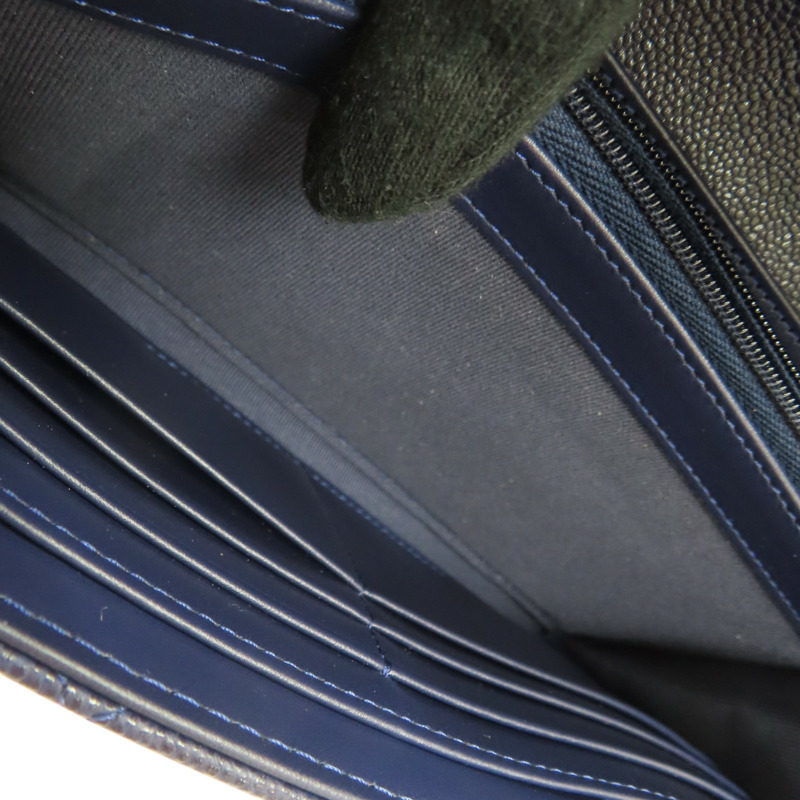 深藍色 荔枝紋牛皮 釦式長夾【CHANEL 香奈兒】 AP0241-5