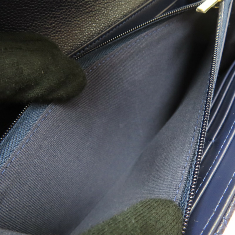 深藍色 荔枝紋牛皮 釦式長夾【CHANEL 香奈兒】 AP0241-7