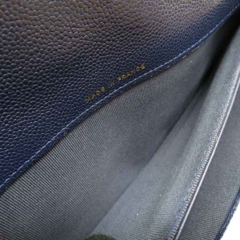 深藍色 荔枝紋牛皮 釦式長夾【CHANEL 香奈兒】 AP0241-8