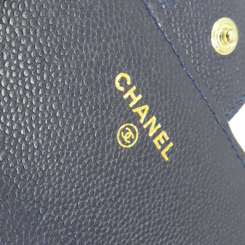 深藍色 荔枝紋牛皮 釦式長夾【CHANEL 香奈兒】 AP0241-9