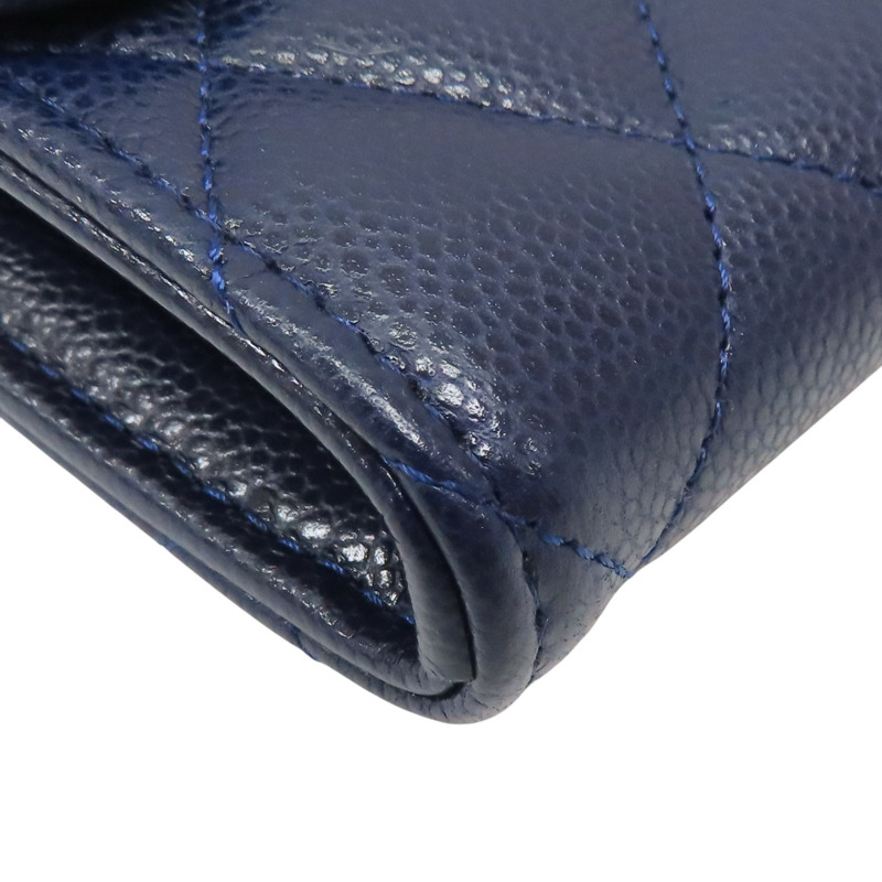 深藍色 荔枝紋牛皮 釦式長夾【CHANEL 香奈兒】 AP0241-14