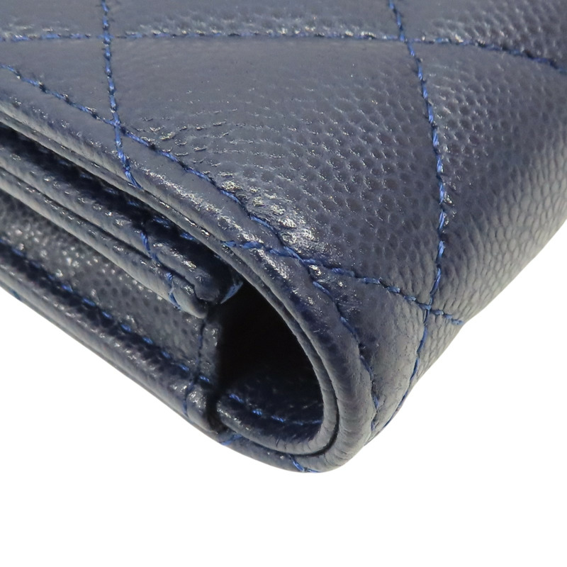 深藍色 荔枝紋牛皮 釦式長夾【CHANEL 香奈兒】 AP0241-16