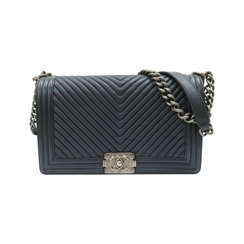 黑色 牛皮 山形紋 Boy28 銀扣 肩背包【CHANEL 香奈兒】-0