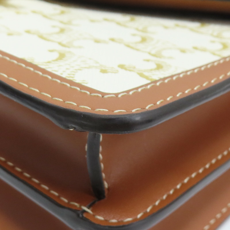 米白/棕色 帆布 牛皮 TRIOMPHE 肩背包  【CELINE 賽琳】-12