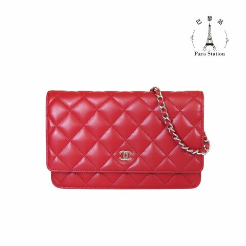 【巴黎站二手名牌專賣店】＊現貨＊CHANEL 香奈兒 真品＊紅色菱格紋羊皮銀色雙C WOC 銀鍊斜背包