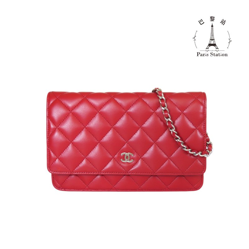 【巴黎站二手名牌專賣店】*現貨*CHANEL 香奈兒 真品*紅色菱格紋羊皮銀色雙C WOC 銀鍊斜背包-0